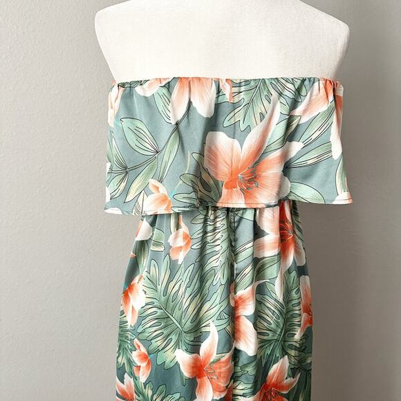 Akira Strapless Green Tropical Floral Flowy Slit Maxi Dress women’s size medium - Picture 7 of 11